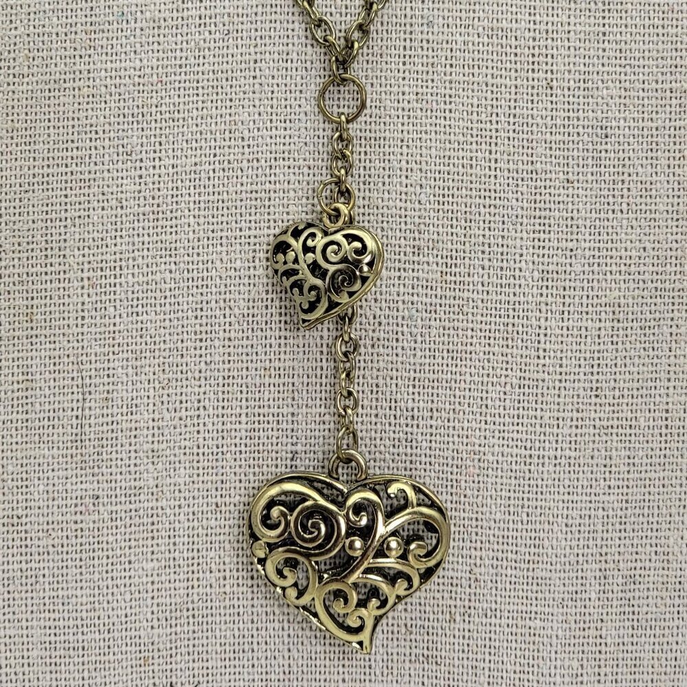 Brass-Tone Filigree Double Heart Pendant Necklace 18 Inch Toggle Clasp Love Boho